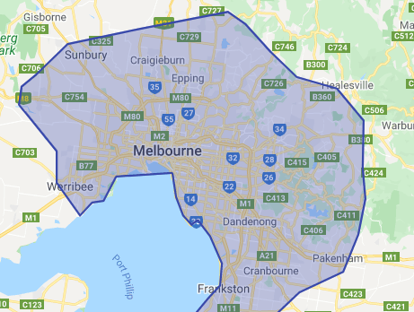 A map of melbourne with a blue border around the city