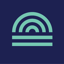 A blue and green logo with a rainbow and lines on a blue background.
