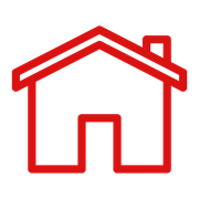 A red line drawing of a house with a chimney on a white background.