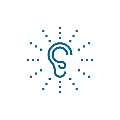A blue ear with dots around it on a white background.