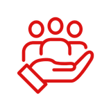 A red line icon of a hand holding a group of people.