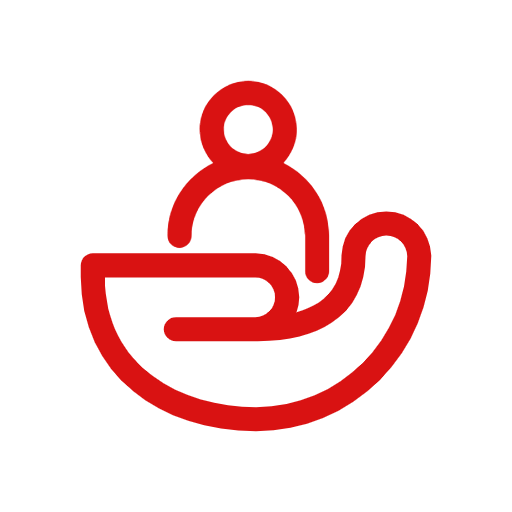 A red icon of a hand holding a child.