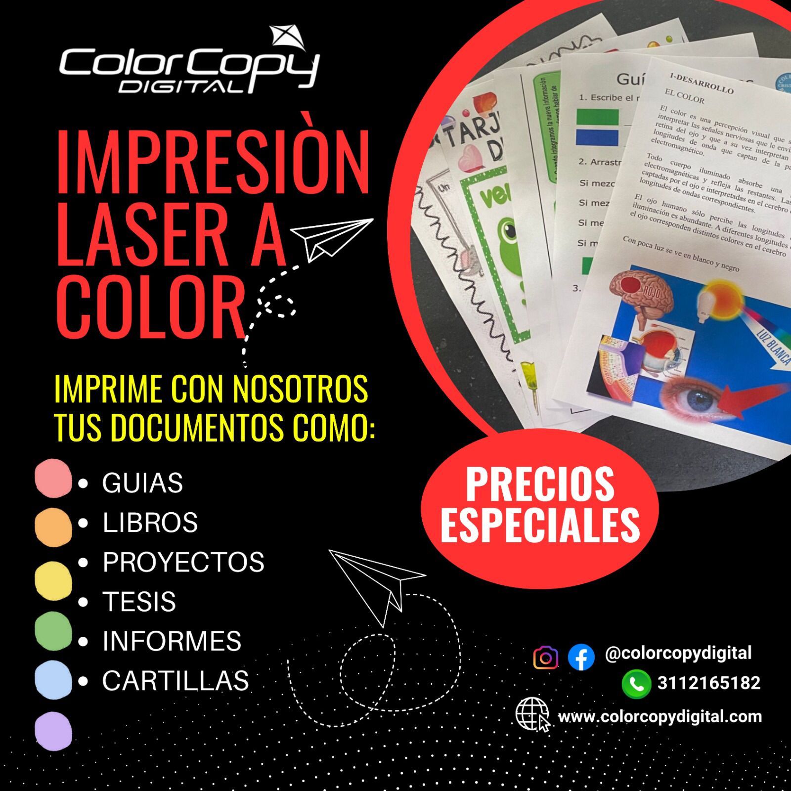 Un anuncio de copia digital en color muestra un montón de papeles