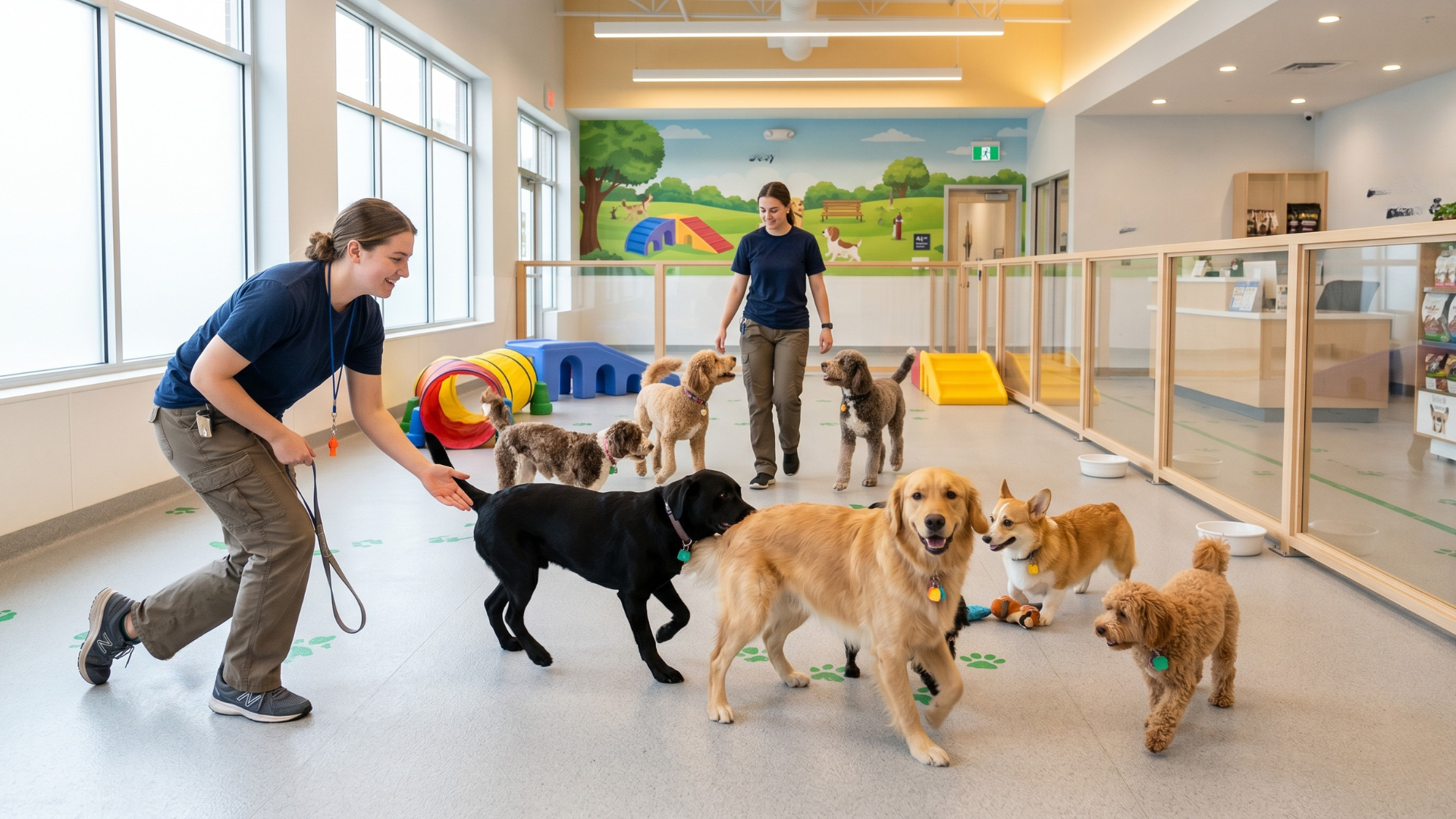 Dogs playing in a bright indoor dog daycare with two handlers nearby
