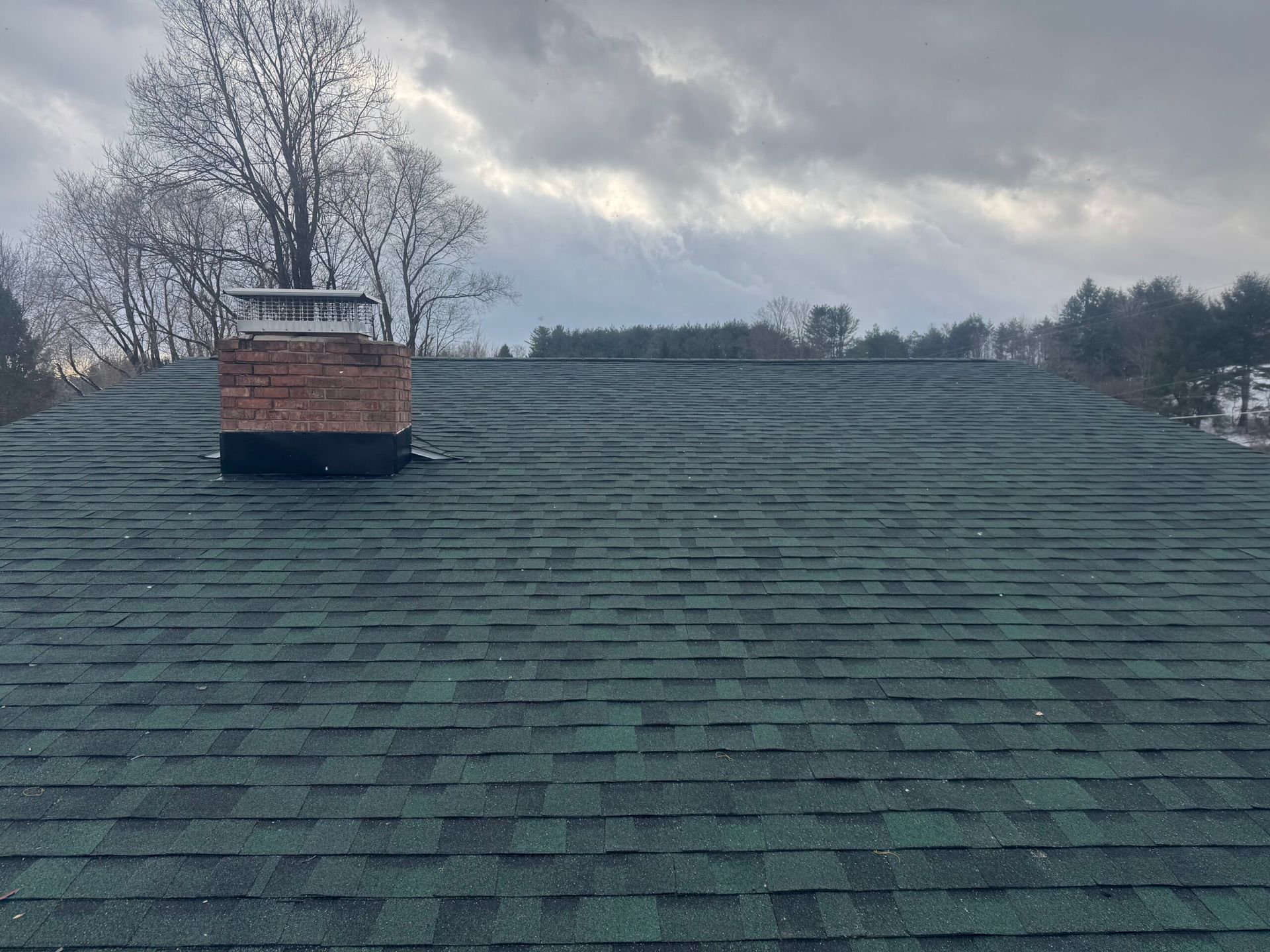 Green shingle roof with a brick chimney against a cloudy sky.