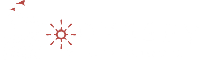 White background with a small red sun icon and two red bird-like shapes in the top left.