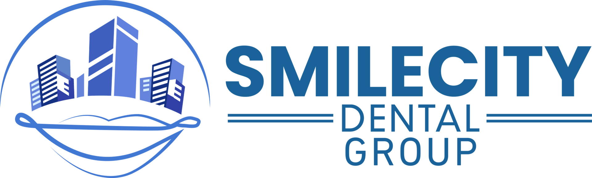 A logo for smilecity dental group with a city in the background.