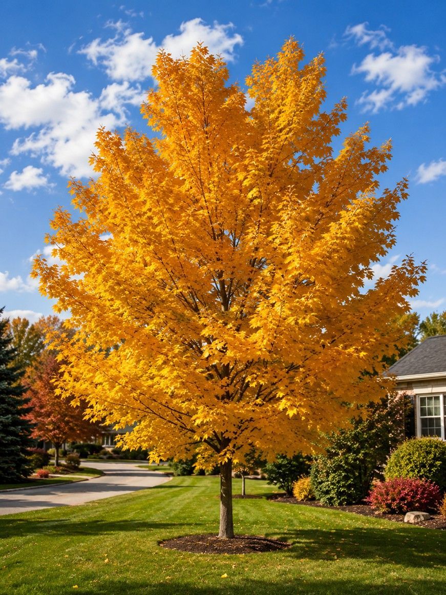 Bright orange autumn tree in a suburban yard under a blue sky