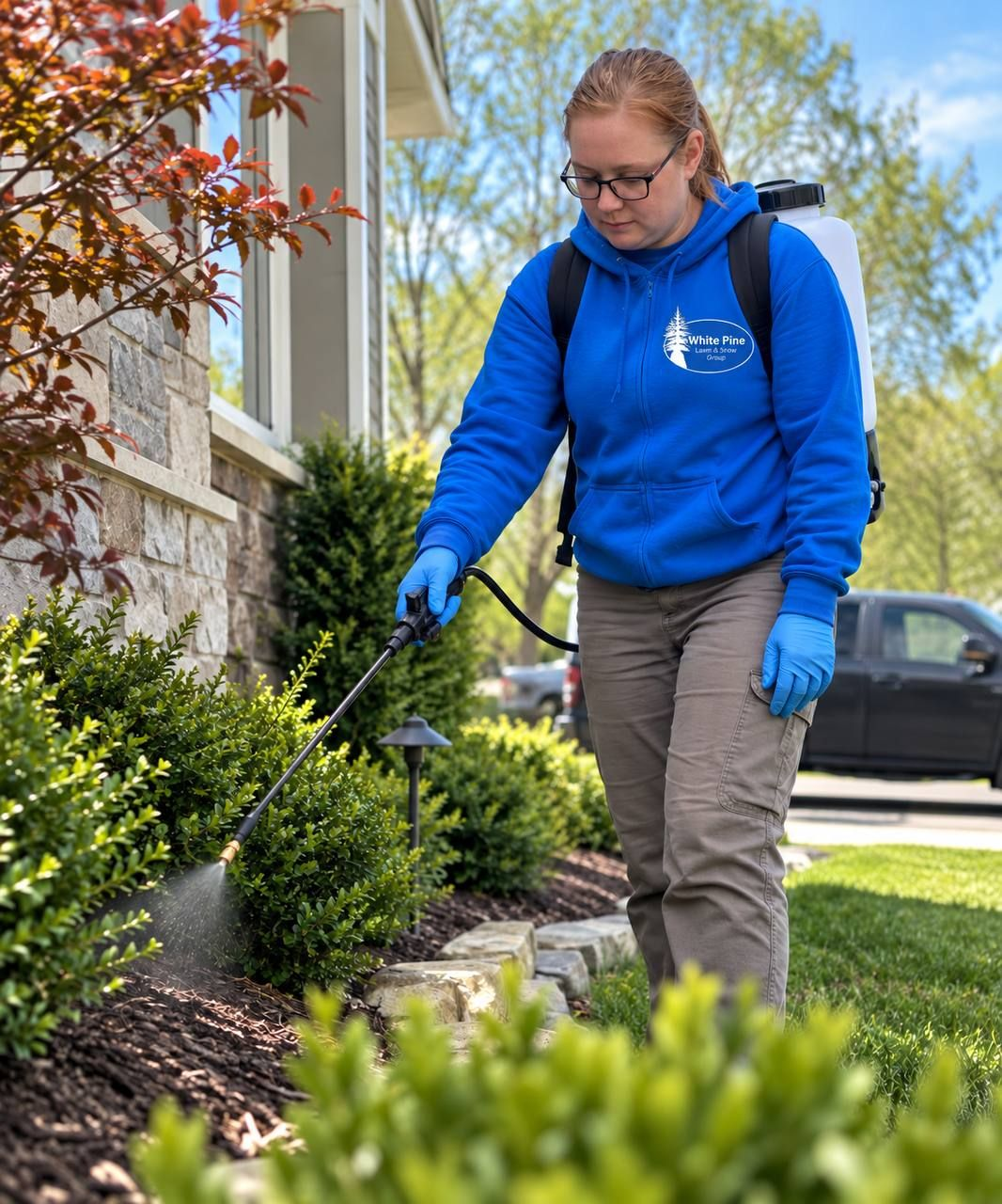 Worker spraying treatment across green lawn using handheld wand for pest control outdoors. Person spraying a green lawn with a hose nozzle