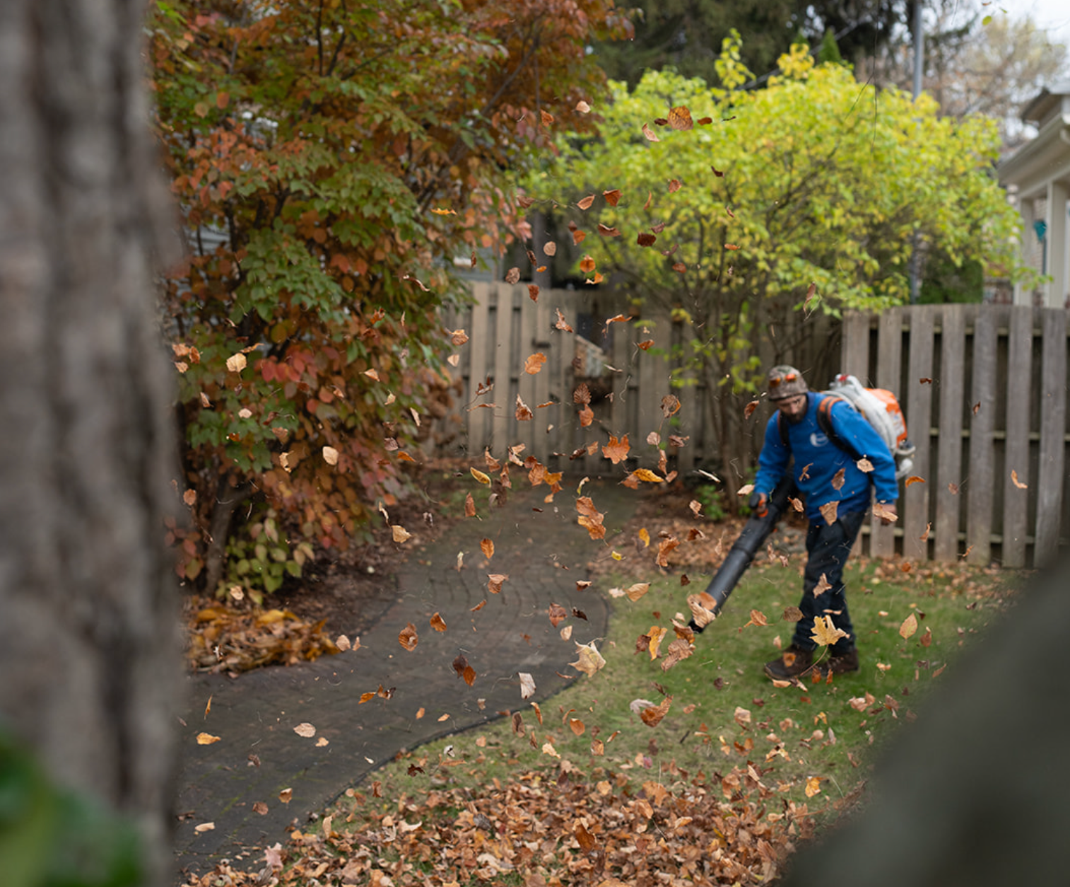 Person in blue raking leaves in a backyard with autumn foliage and a wooden fence.