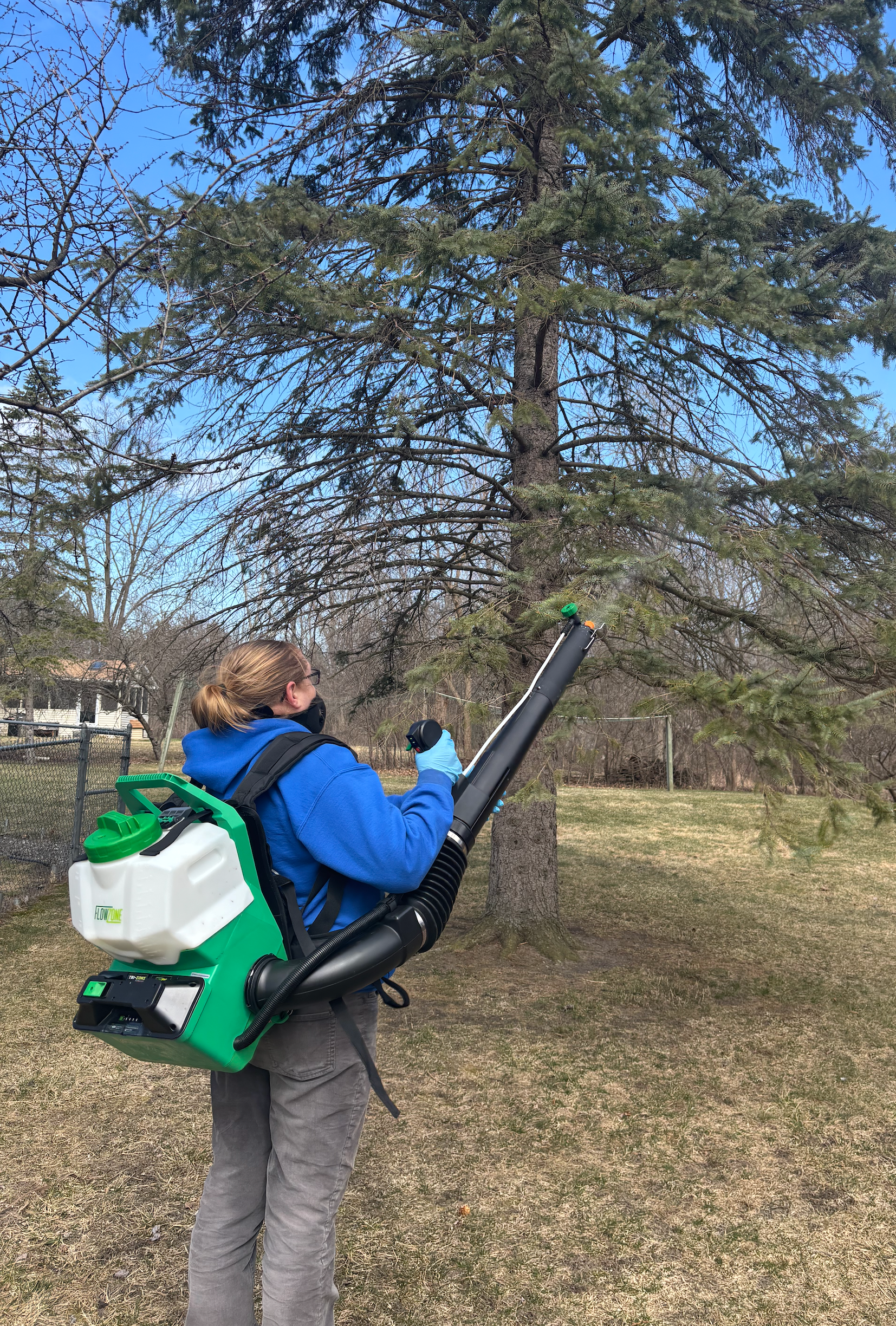 Person in blue jacket operating a backpack leaf blower on grass near a tree.