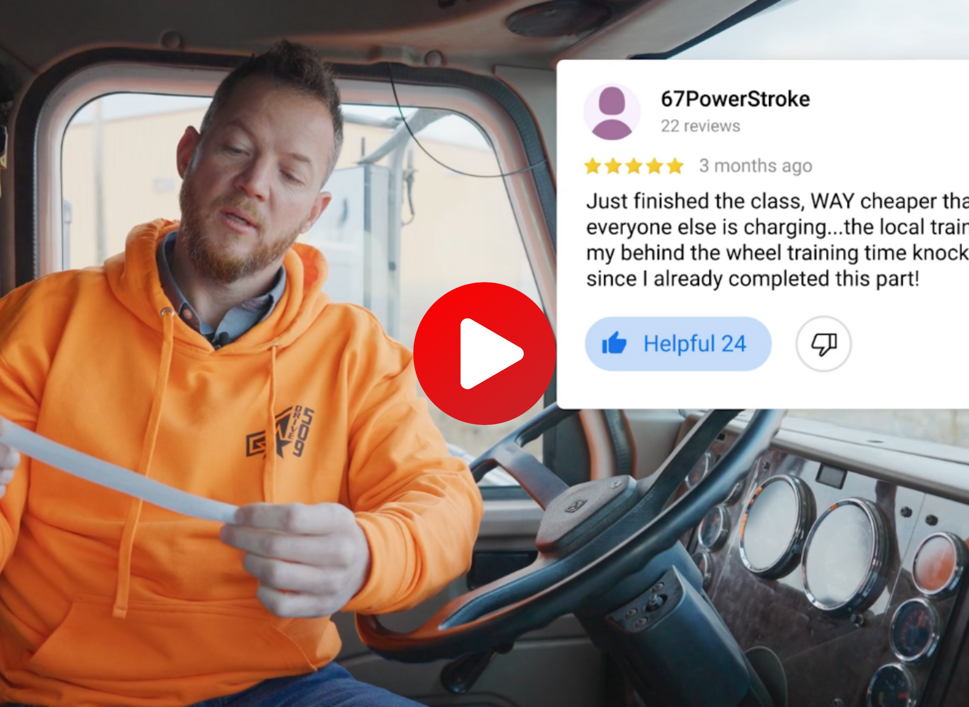 A man in an orange hoodie is sitting in a semi-truck holding a piece of paper and reading out loud ELDT online reviews