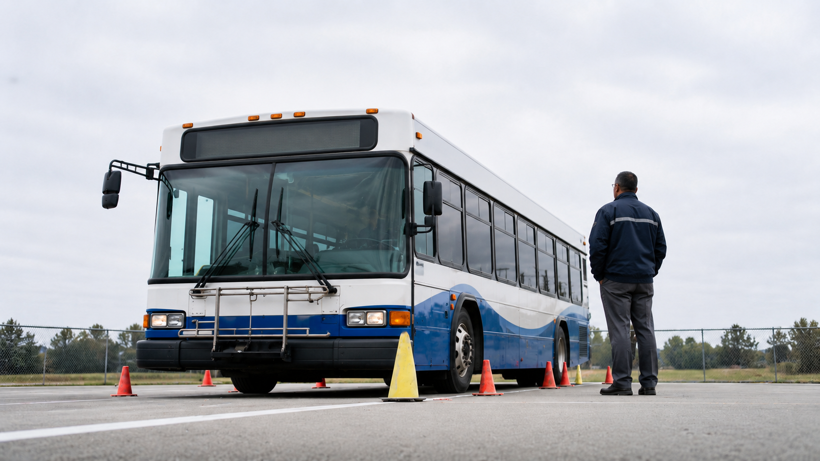 Passenger bus parked in training cones in a parking lot with a training director next to the bus.