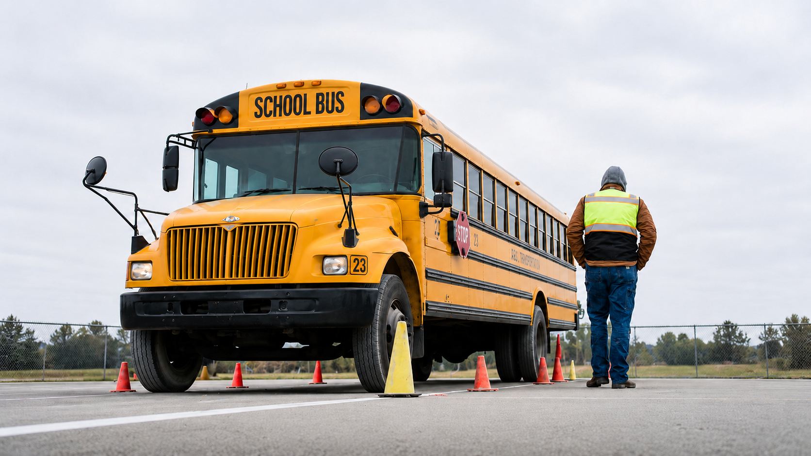 A school bus parked in a parking lot with cdl training cones set around it, with a student walking by
