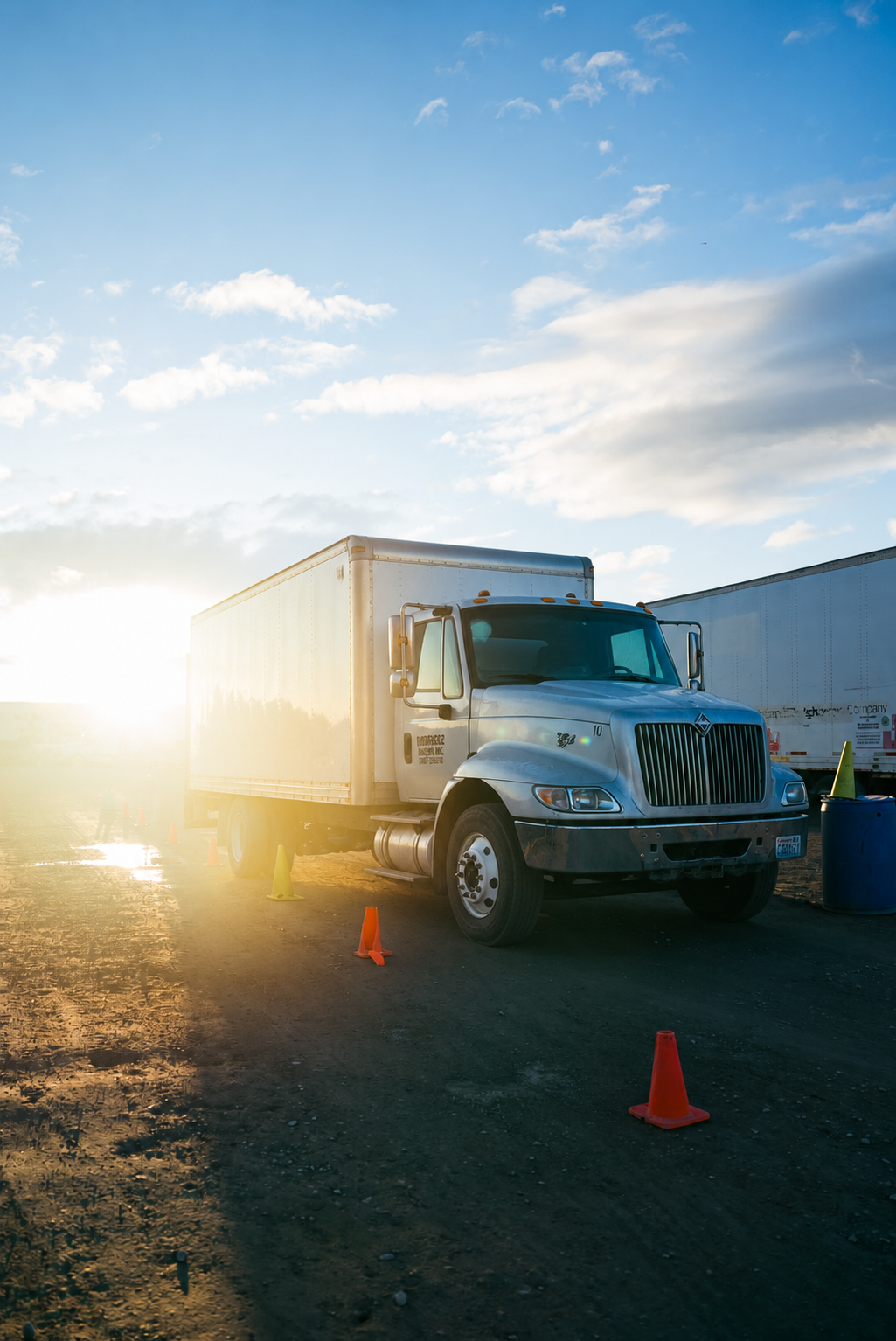 A white straight truck on a training yard