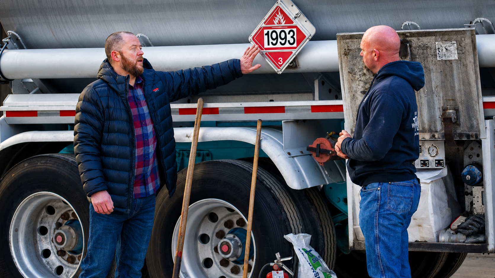 two cdl instructors talking about hazmat training in front of a tanker trailer with a hazmat placard.