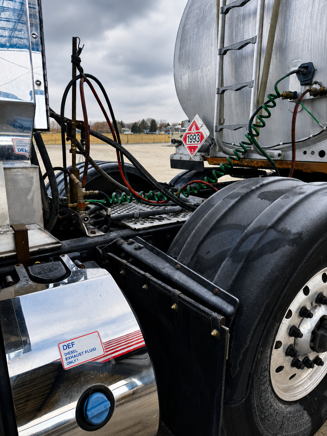 Truck chassis with fuel tank, hoses, and dual rear tires in a lot