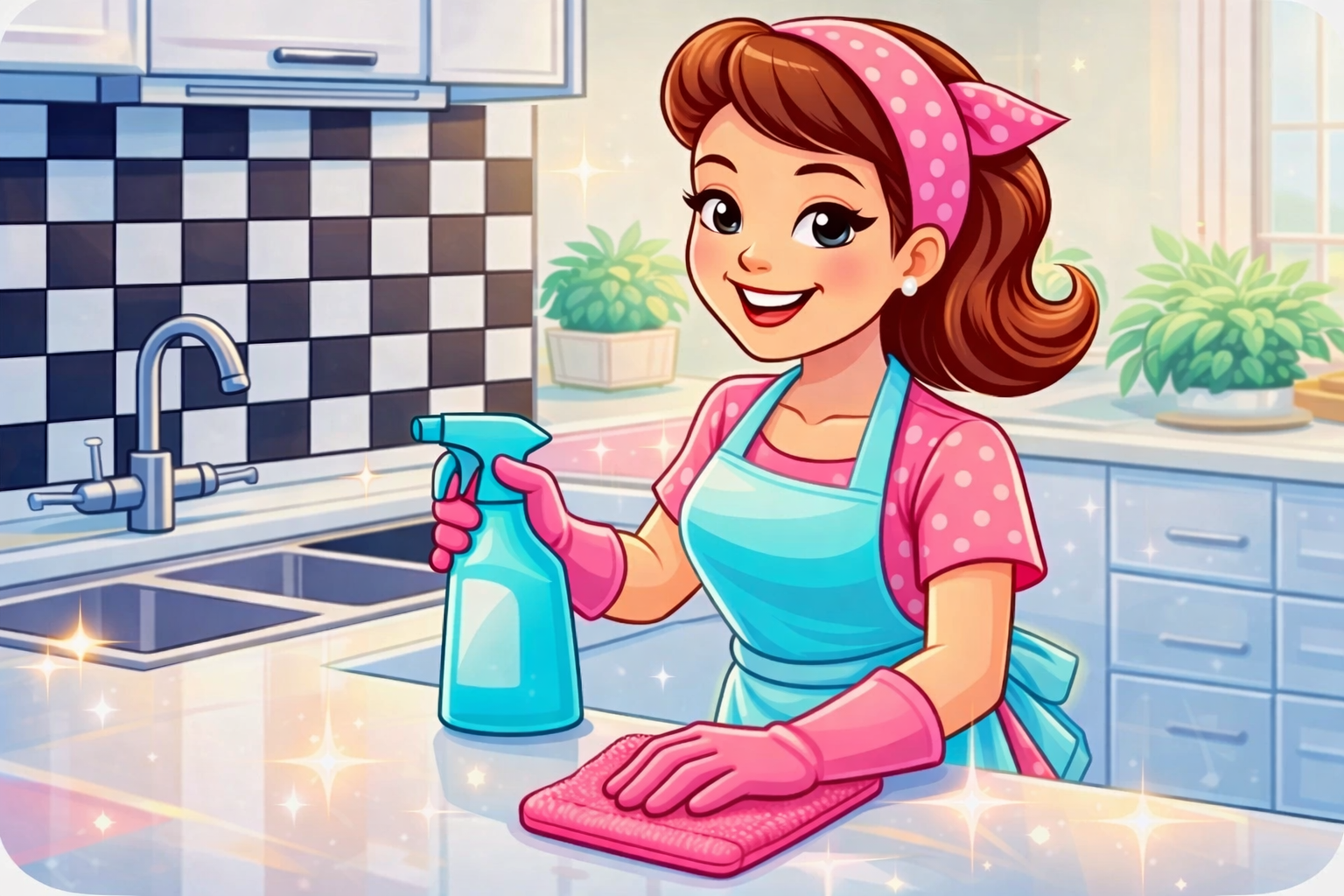 A person in a pink polka-dot outfit and blue apron cleans a kitchen counter — Maid to Gleam & Shine in Nambucca Heads, NSW