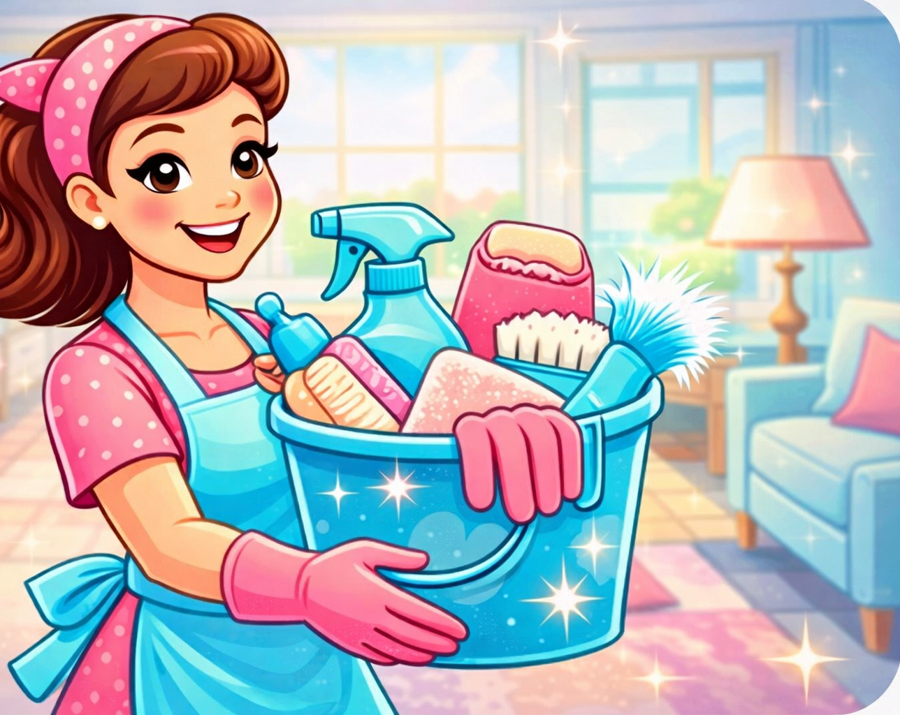 A person in an apron and gloves holds a blue bucket full of cleaning supplies — Maid to Gleam & Shine in Nambucca Heads, NSW