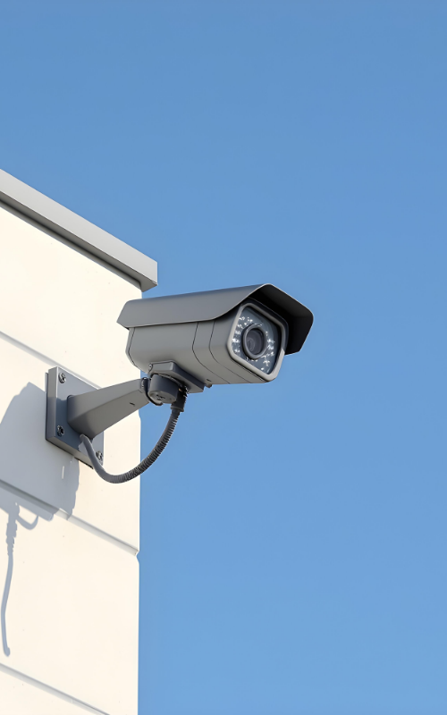 Security camera mounted on a white building corner against a blue sky