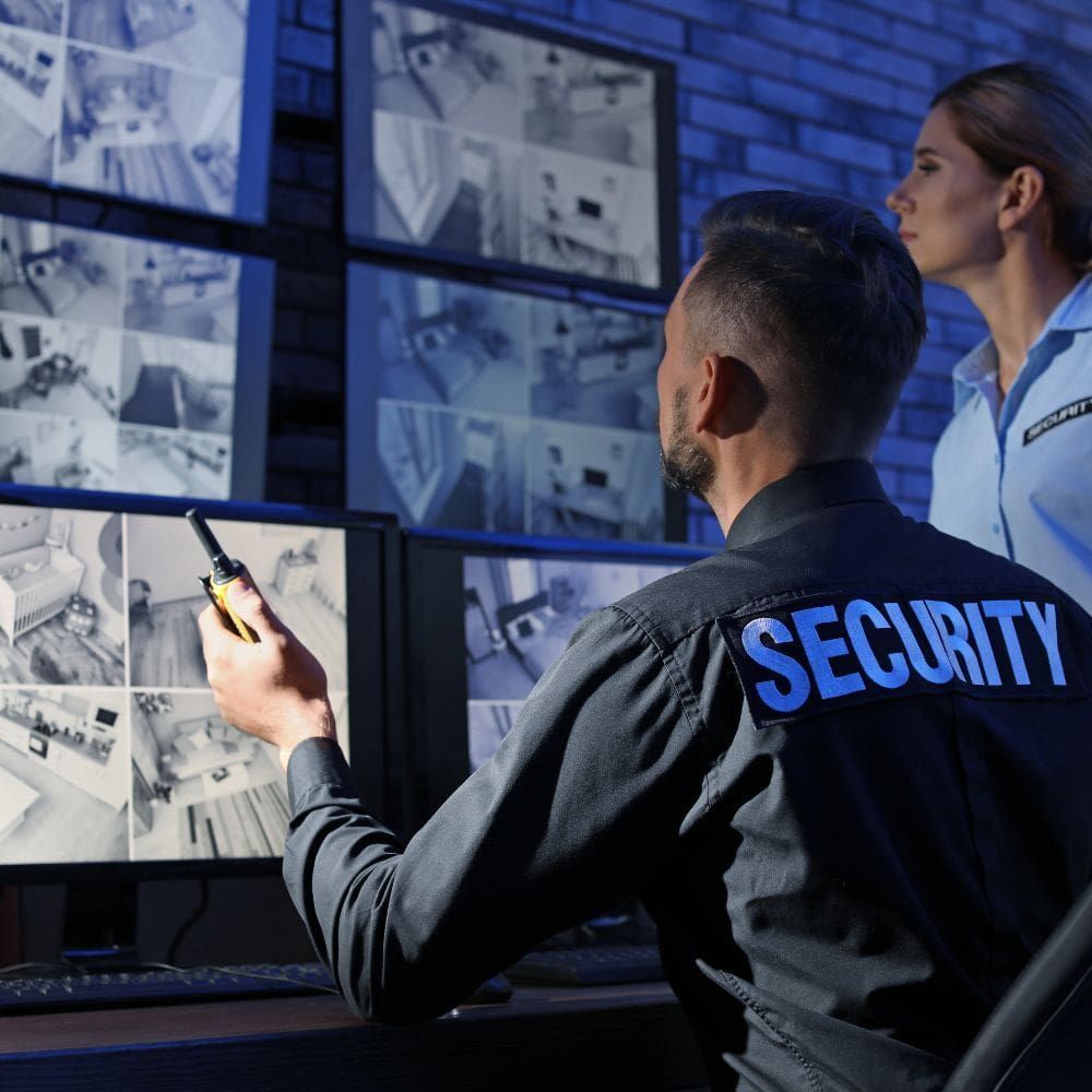 A man wearing a security shirt is looking at a monitor