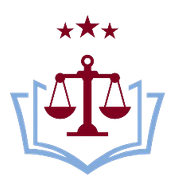 A logo for a law firm with a scale of justice and three stars.