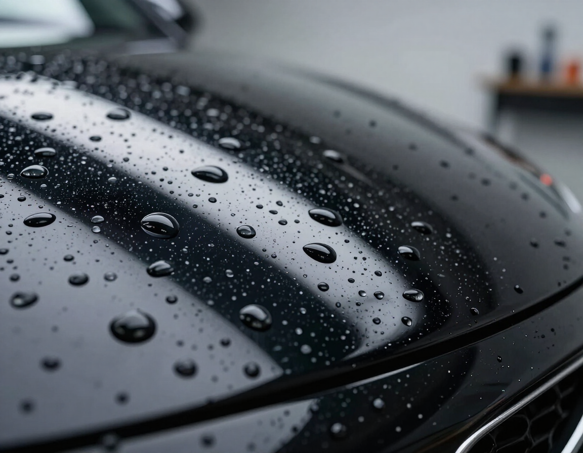 Primer plano del capó de un coche negro cubierto de gotas de lluvia