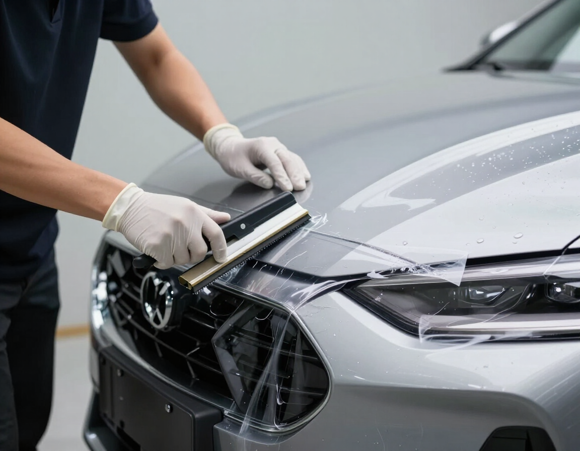 Trabajador con guantes aplicando una lámina sobre el capó de un coche plateado en un taller