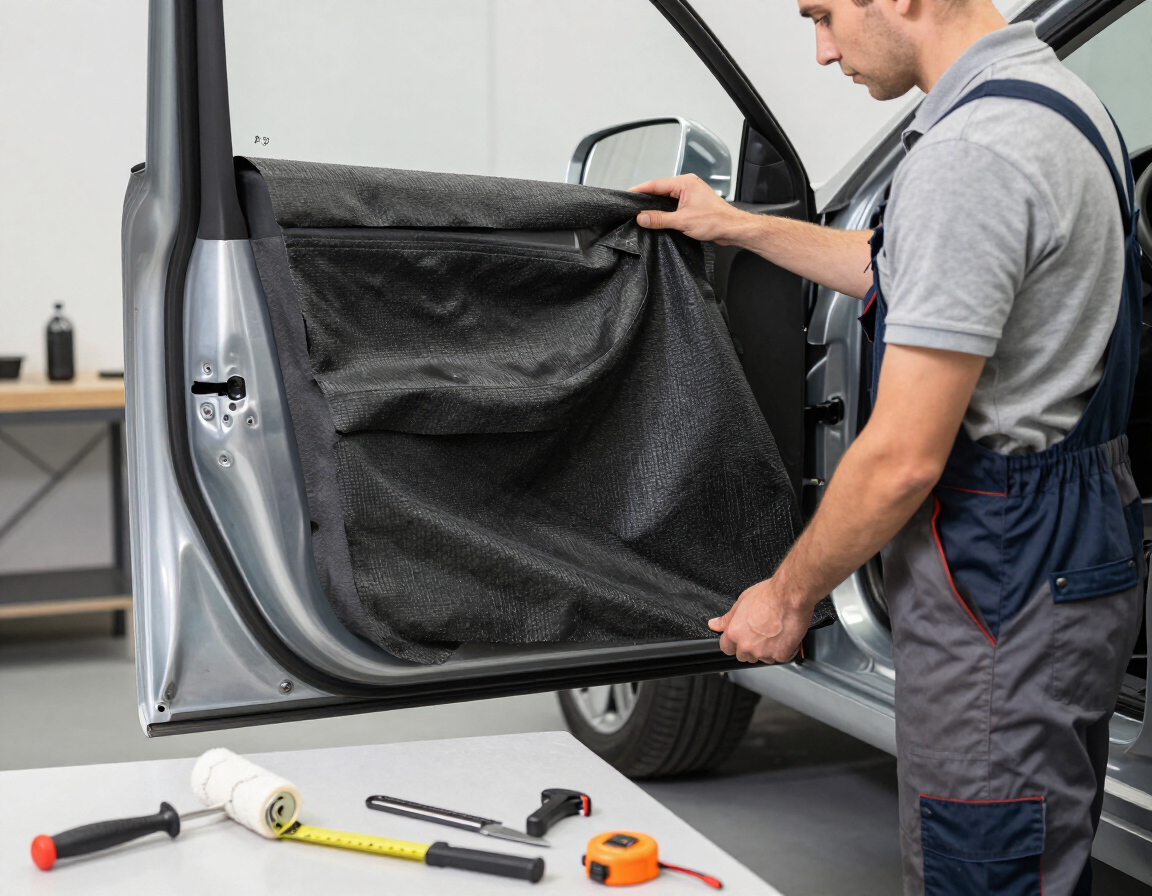 Una persona instala un panel de aislamiento negro para la puerta de un coche junto a un vehículo gris en un garaje