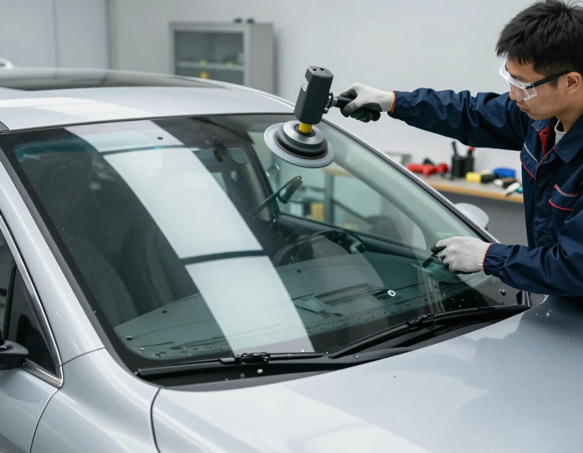 Técnico puliendo el parabrisas de un coche en un garaje con una pulidora manual