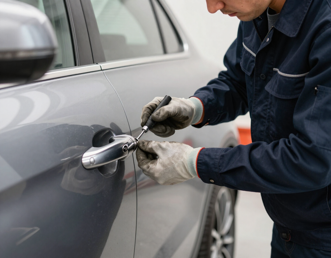 Técnico reparando la manilla de la puerta de un coche plateado con herramientas, con guantes puestos