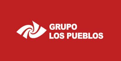 White logo for Grupo Los Pueblos consisting of a stylized swirling symbol next to the text on a solid red background.