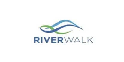 Logo for Riverwalk featuring stylized, intertwining green and blue waves above the word