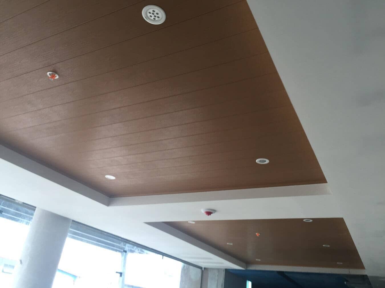 Modern interior ceiling featuring two recessed, wood-paneled sections with downlights against a white border.