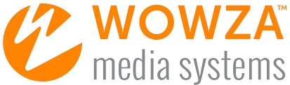 An orange and white logo for wowza media systems