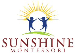 The logo for sunshine montessori shows two children dancing in front of the sun.