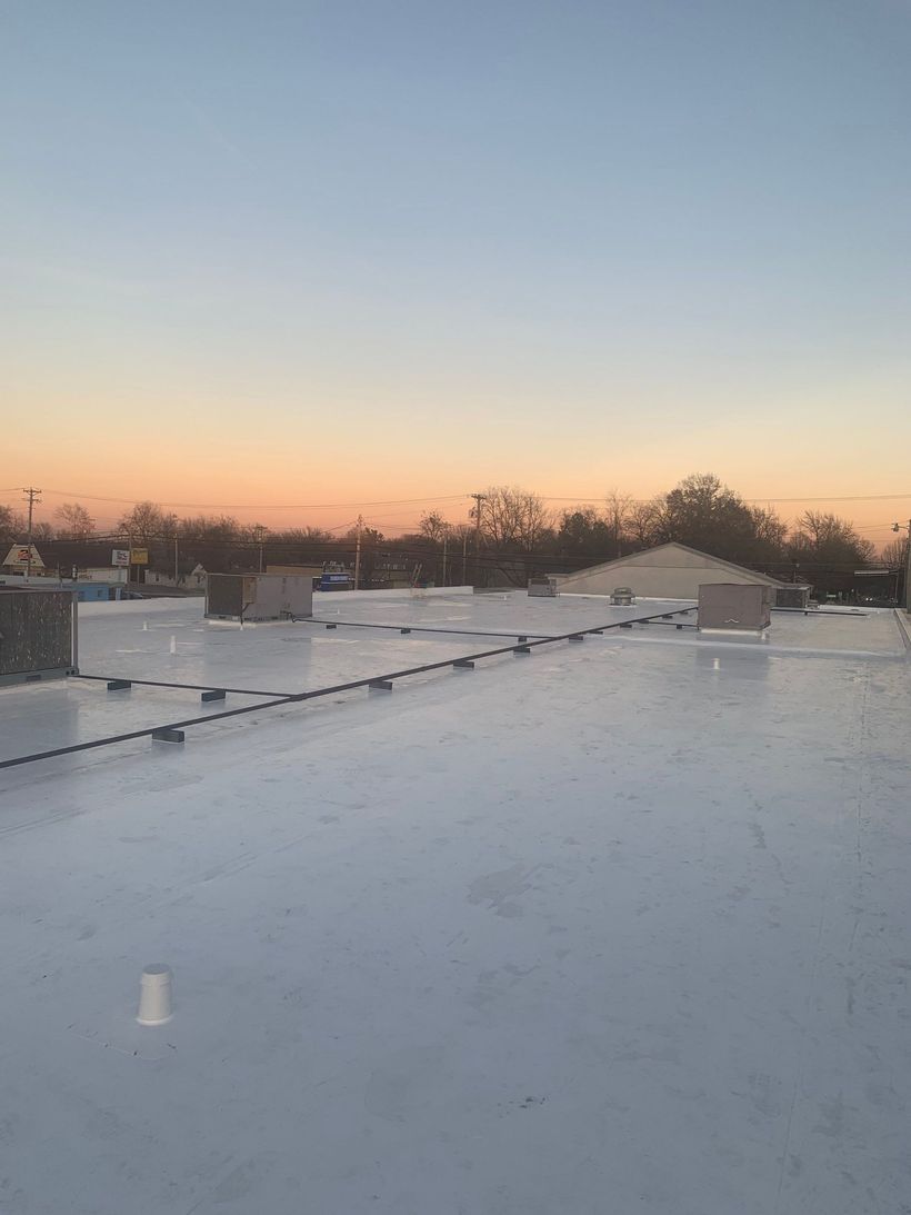 Rooftop at sunrise with a pastel sky and trees on the horizon