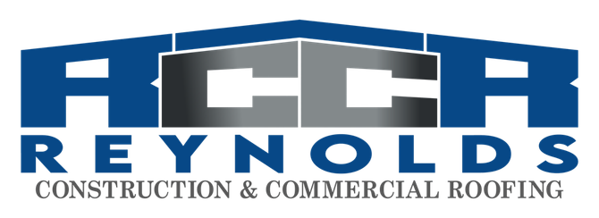 Logo for Reynolds Construction & Commercial Roofing: bold blue letters 
