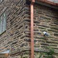 a brick building with a copper gutter on the side of it .