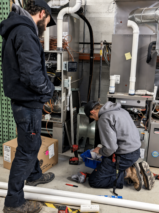 Two technicians work on pipes and equipment in a basement utility room.