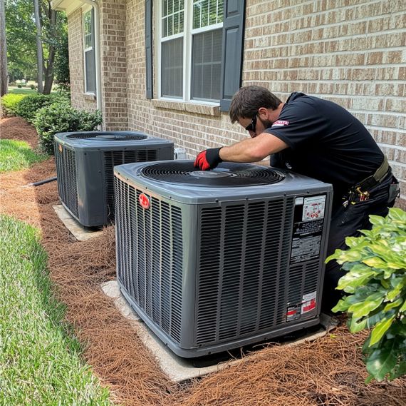 Technician servicing outdoor air conditioner units beside a brick house