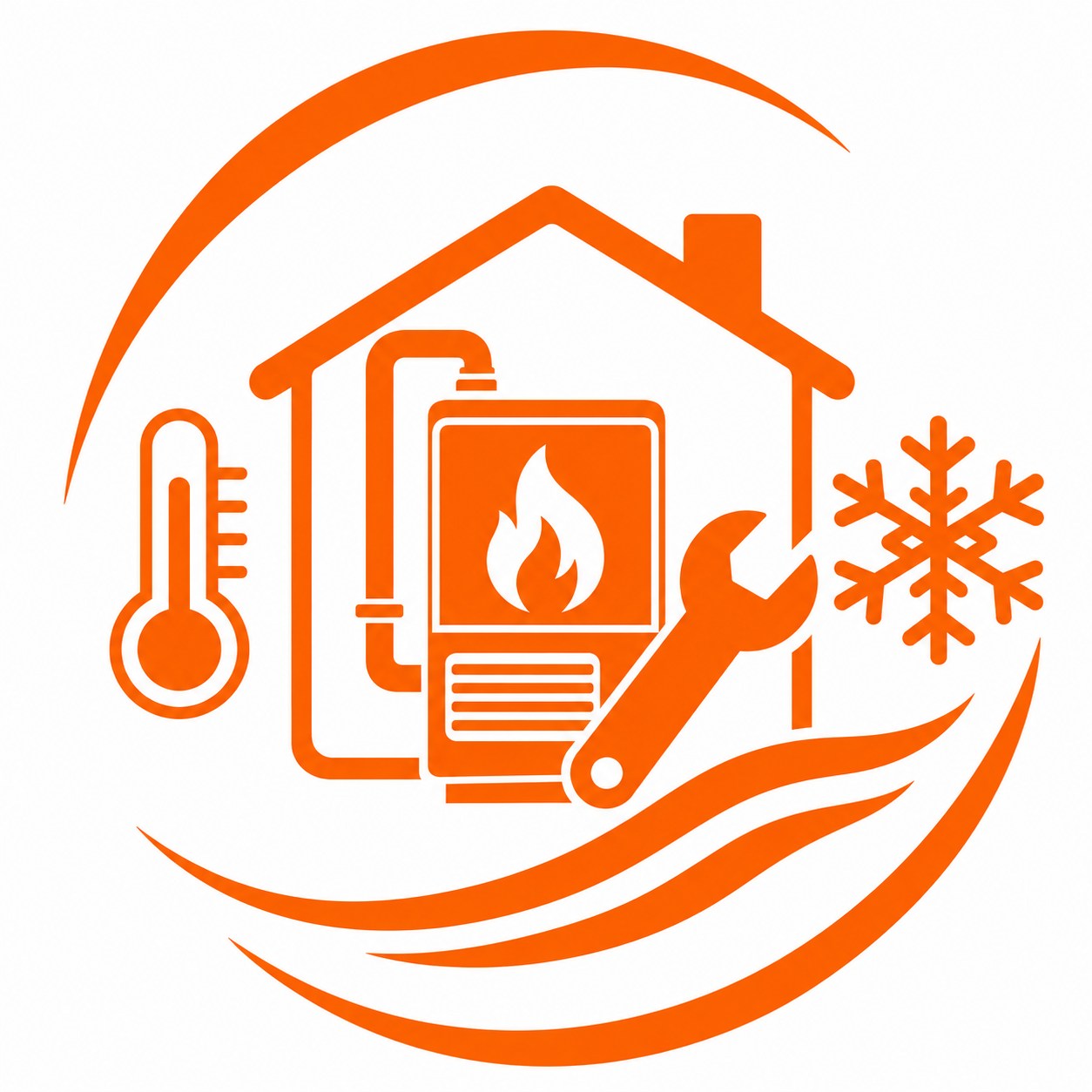 Orange home heating and cooling icon with thermometer, flame, wrench, and snowflake in a circular design