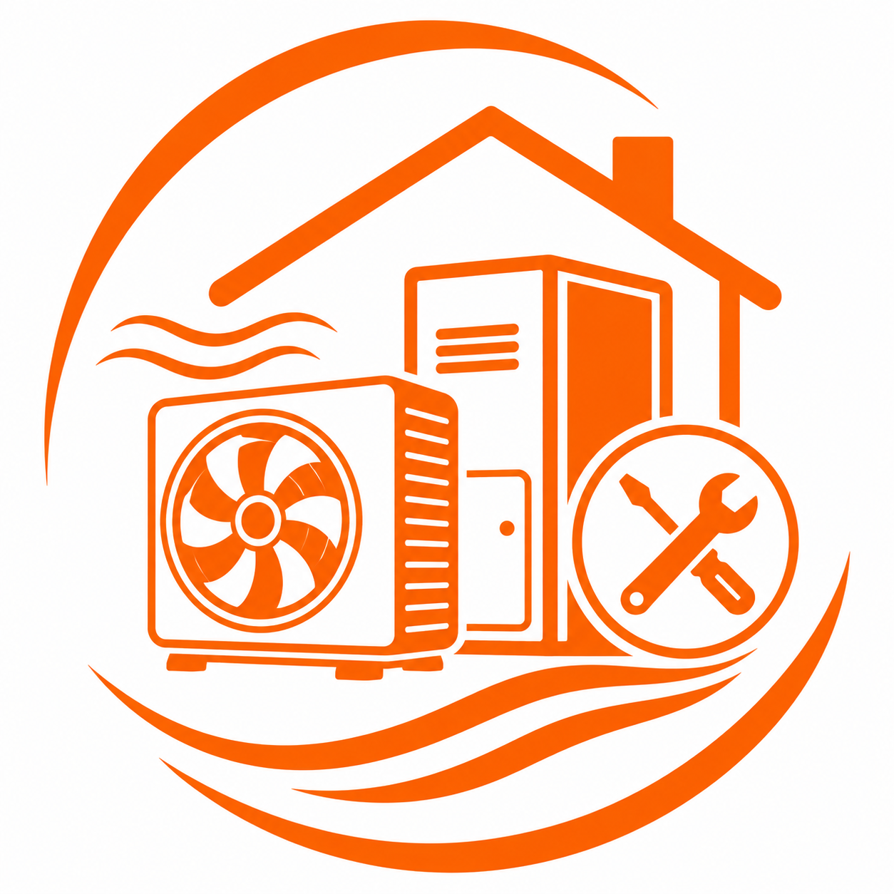 Orange HVAC service logo with house outline, fan unit, tools, and wavy airflow lines
