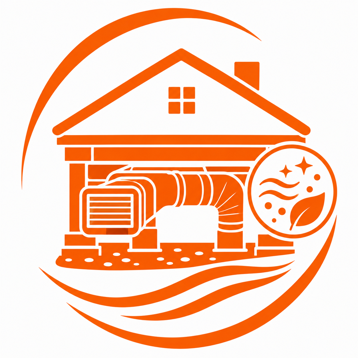 Orange solar-powered home logo with house, solar panels, wind turbine, and sun icons