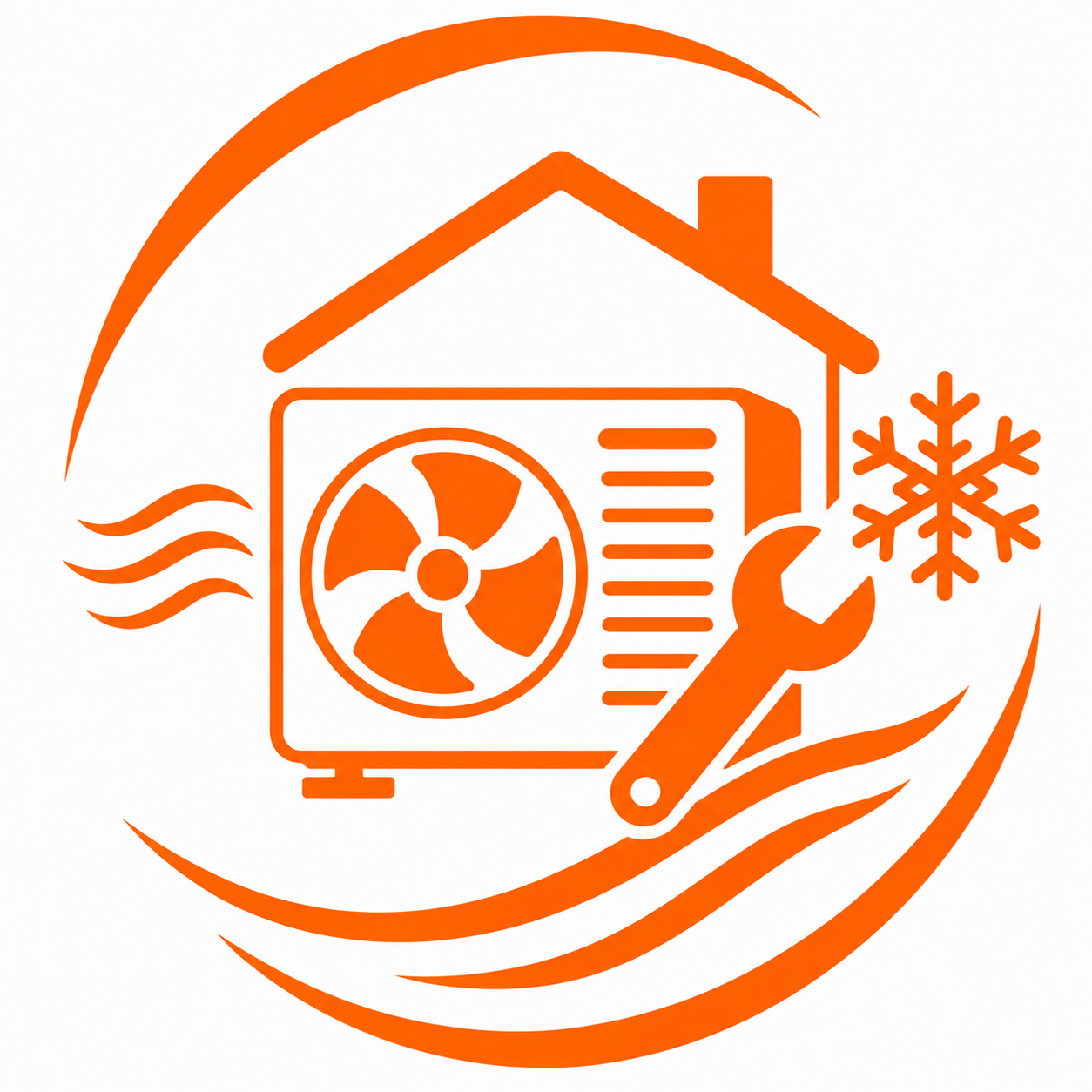Orange HVAC house icon with fan, wrench, snowflake, and heat waves representing heating and cooling service