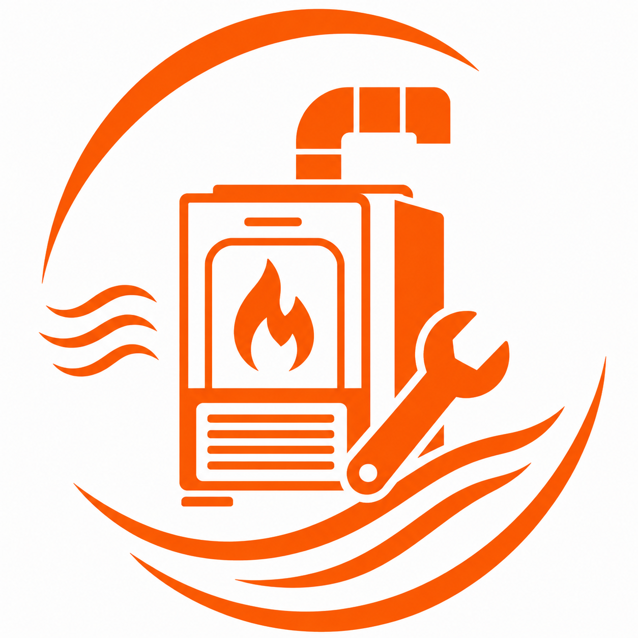 Orange logo of a gas furnace with a wrench, flame, and curved heat swirls