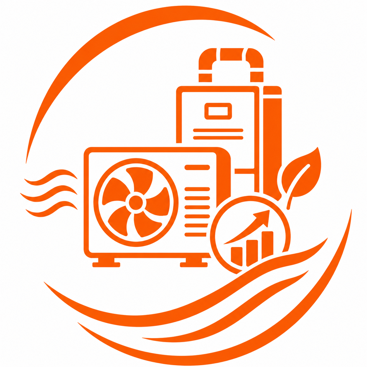 Orange eco-energy logo with HVAC unit, fan, leaf, and rising chart inside a circular swirl