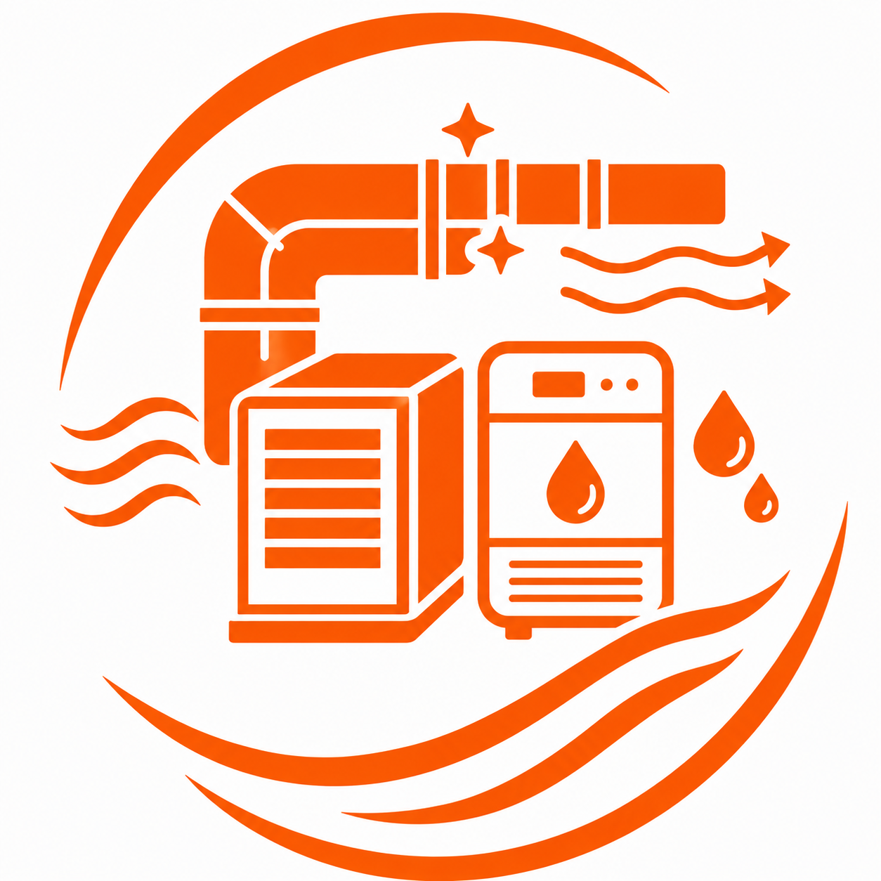 Orange heating and hot water system icon with pipes, boiler, and water droplets