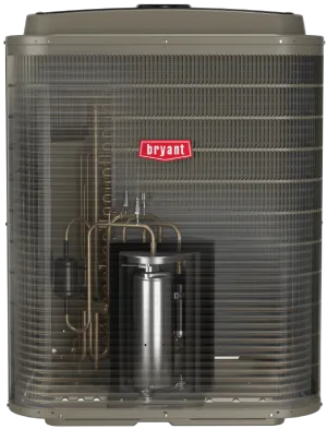 Outdoor Bryant air conditioning unit with gray grille and visible copper tubing