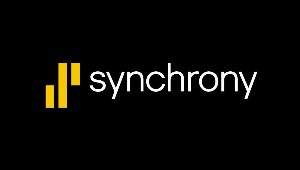 Synchrony logo with yellow bars and white text on a black background